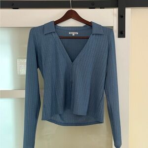 Reformation Slate Blue Ribbed Button Down Top